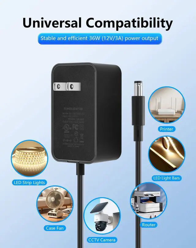 Alt view image 3 of 7 - 12V 3A 36W Power Supply AC to DC 5.5 x 2.1mm Adapter, 100-240V 50-60Hz AC to DC5521 12 V Cord for CCTV Camera,Speakers, LED Strip Light - 4.92 FT