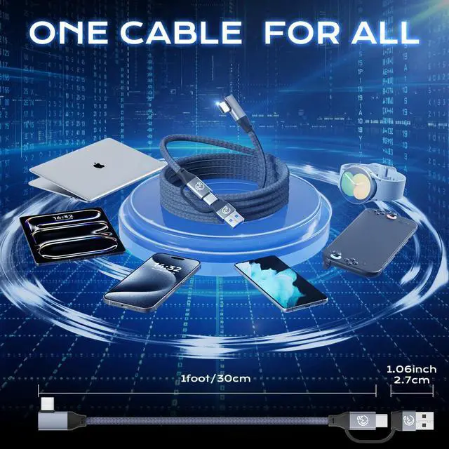 Alt view image 7 of 7 - 2 in 1 USB C Cable Right Angle 1FT 2Pack, Short USB C to USBC 3.2 Gen 2 Cable 20Gbps Data Transfer, 240W USB-C Charge Cable with Adapter, 4K Video Type-C Monitor Cord for iPhone 17, MacBook, iPad