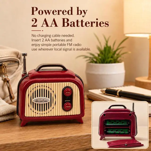 Alt view image 7 of 7 - Mini FM Radio, Vintage Retro Portable FM Only Radio, 88108 MHz Auto Scan, 2 AA Battery Powered Compact Desk Radio with Speaker and Antenna, Red and Cream, 4.5 x 3.5 x 5 in