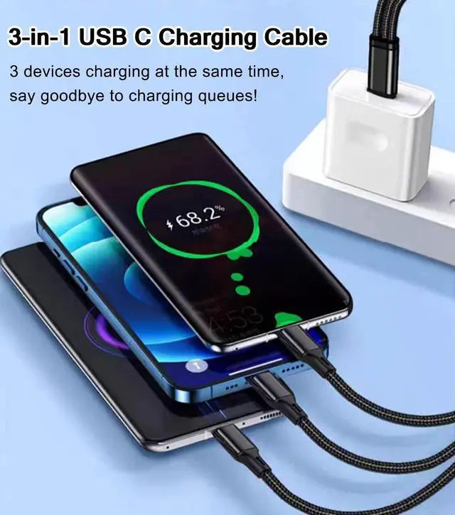 Alt view image 3 of 7 - USB C Splitter Charging Cable for Multiple Devices, 60W USB C Multi Charging Cable, 3-in-1 Fast Charging Type C Cord for iPhone 15 Android Tablet, Travel Portable USB C Charger Cable