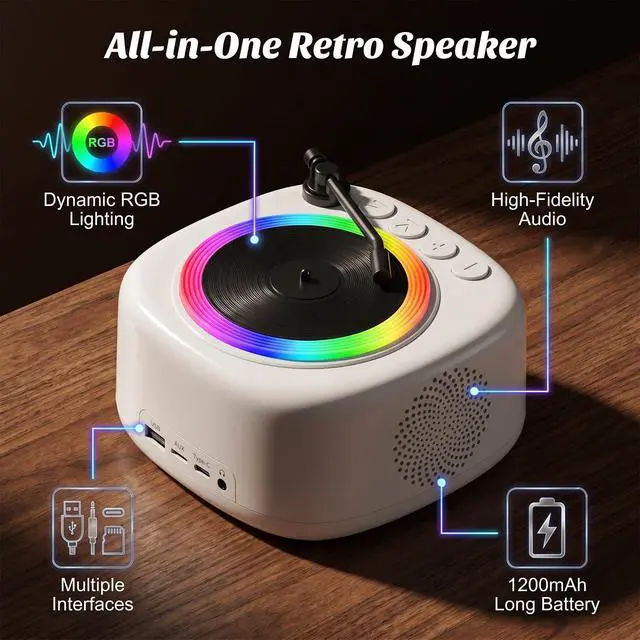 Alt view image 3 of 6 - Retro Vinyl Record Player Style Bluetooth Speaker, Mini Portable Wireless Speaker with Dynamic RGB Rhythm Lights, HiFi Stereo Sound, Rechargeable Battery, Desktop Decor Speaker for Bedroom Home Gift