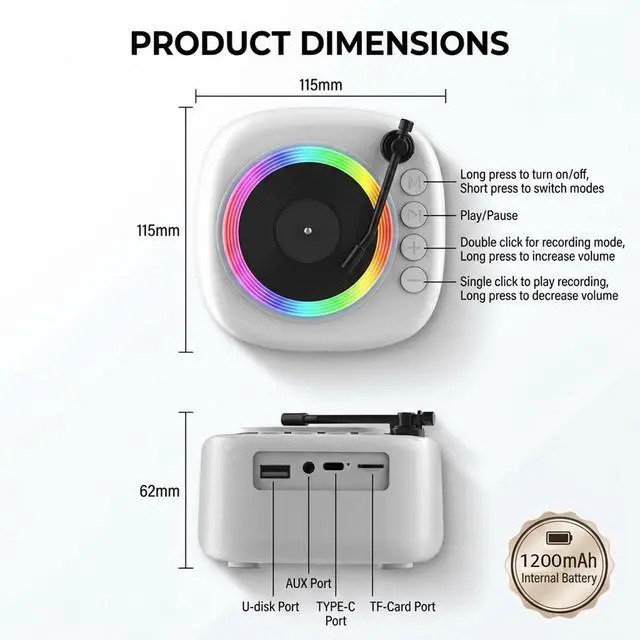 Alt view image 2 of 6 - Retro Vinyl Record Player Style Bluetooth Speaker, Mini Portable Wireless Speaker with Dynamic RGB Rhythm Lights, HiFi Stereo Sound, Rechargeable Battery, Desktop Decor Speaker for Bedroom Home Gift