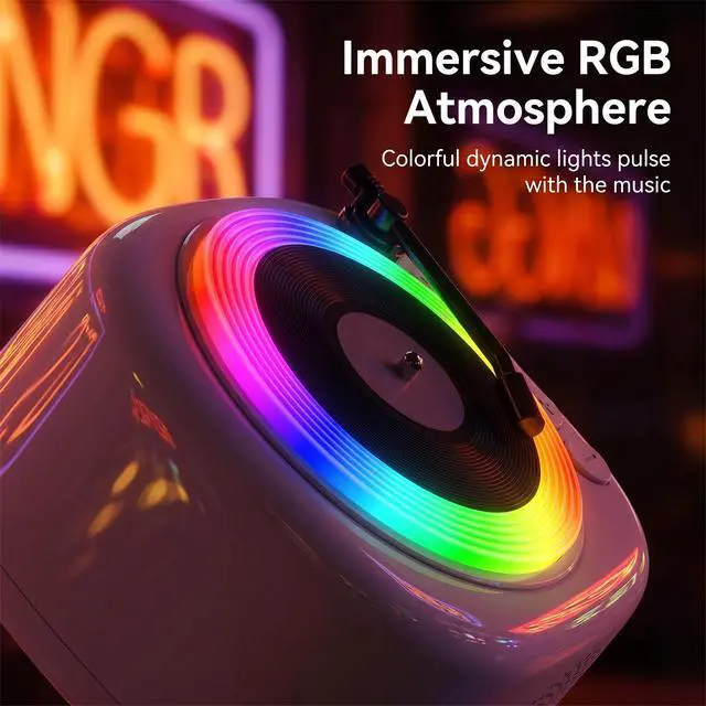 Alt view image 5 of 6 - Retro Vinyl Record Player Style Bluetooth Speaker, Mini Portable Wireless Speaker with Dynamic RGB Rhythm Lights, HiFi Stereo Sound, Rechargeable Battery, Desktop Decor Speaker for Bedroom Home Gift