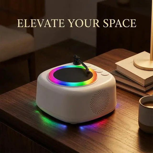 Alt view image 4 of 6 - Retro Vinyl Record Player Style Bluetooth Speaker, Mini Portable Wireless Speaker with Dynamic RGB Rhythm Lights, HiFi Stereo Sound, Rechargeable Battery, Desktop Decor Speaker for Bedroom Home Gift