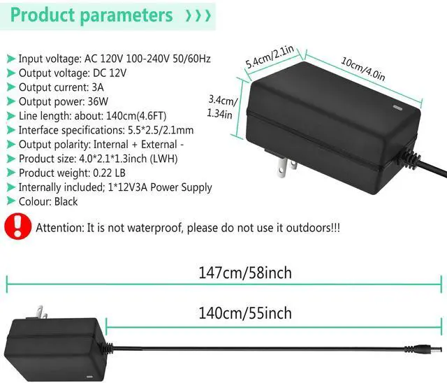 Alt view image 2 of 7 - 12V 3A Wall Power Supply AC Adapter 100-240V AC/DC Converter 12 Volt 1000mA 1500mA 2000mA 2500mA 3000mA Transformers Power Supply with 5.5x2.5mm/2.1mm Plug for LED Strip Light Camera Router