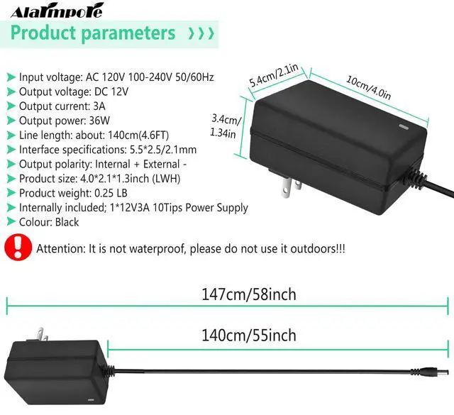 Alt view image 2 of 7 - 12V 3A Power Supply Adapter 36W, AC to DC 12 Volt 3A 3000mA Converter, 10 Interchangeable Plugs 5.5x2.1mm 2.5mm for LED Strip CCTV Camera Router Speaker LCD Monitor