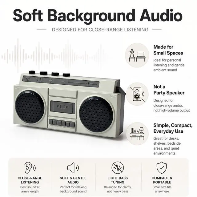 Alt view image 5 of 7 - Retro Mini Bluetooth Speaker, USB Rechargeable Boombox for Desk, Shelf, Bedside, Small Spaces and Dry Terrarium Setups, Gray
