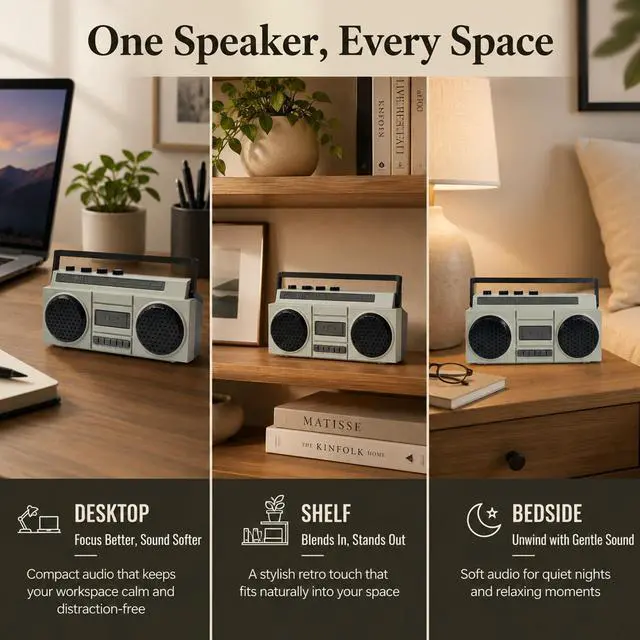Alt view image 3 of 7 - Retro Mini Bluetooth Speaker, USB Rechargeable Boombox for Desk, Shelf, Bedside, Small Spaces and Dry Terrarium Setups, Gray