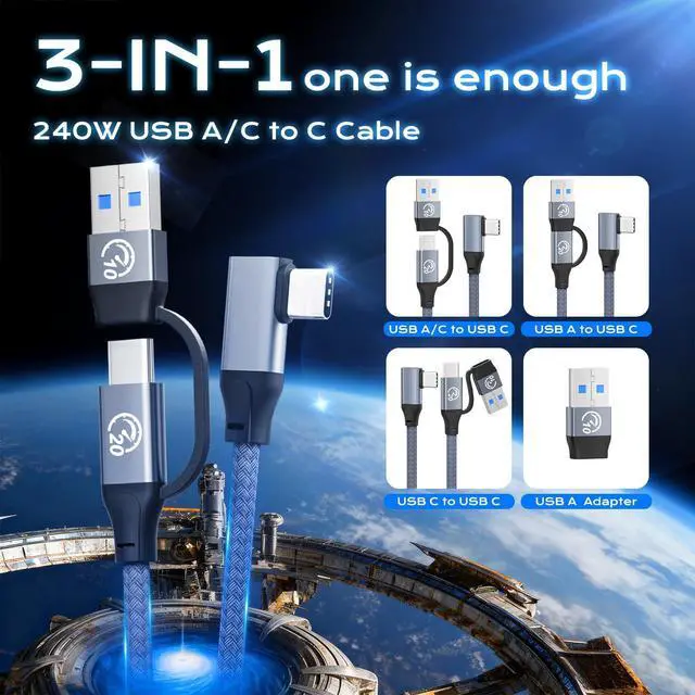 Alt view image 2 of 7 - 2 in 1 USB C Cable Right Angle 1FT 2Pack, Short USB C to USBC 3.2 Gen 2 Cable 20Gbps Data Transfer, 240W USB-C Charge Cable with Adapter, 4K Video Type-C Monitor Cord for iPhone 17, MacBook, iPad