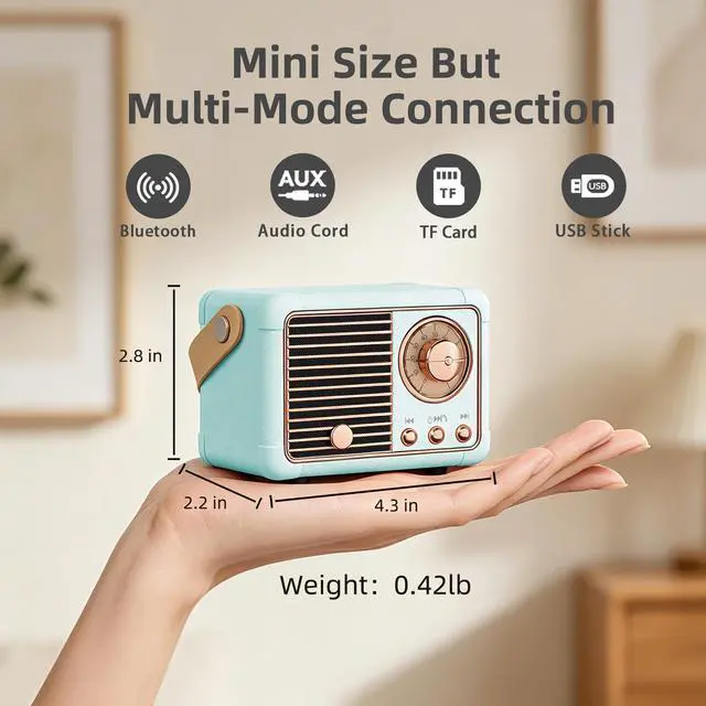 Alt view image 2 of 7 - Retro Bluetooth Speaker, Wireless Portable Speaker with Crystal Clear Stereo Sound and Rich Bass, Vintage Decor, Retro Decor, Gifts for Teen Girls Boys Women (Blue)