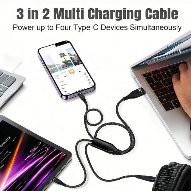 Alt view image 2 of 5 - 100W USB C Splitter Multi Charging Cable,USB A/C to USB C QC3.0 Fast Charging 4Ft, 3 in 2 Multi Charger Cord, with 3 Type-C Connectors Compatible with Cell Phones Tablets and More