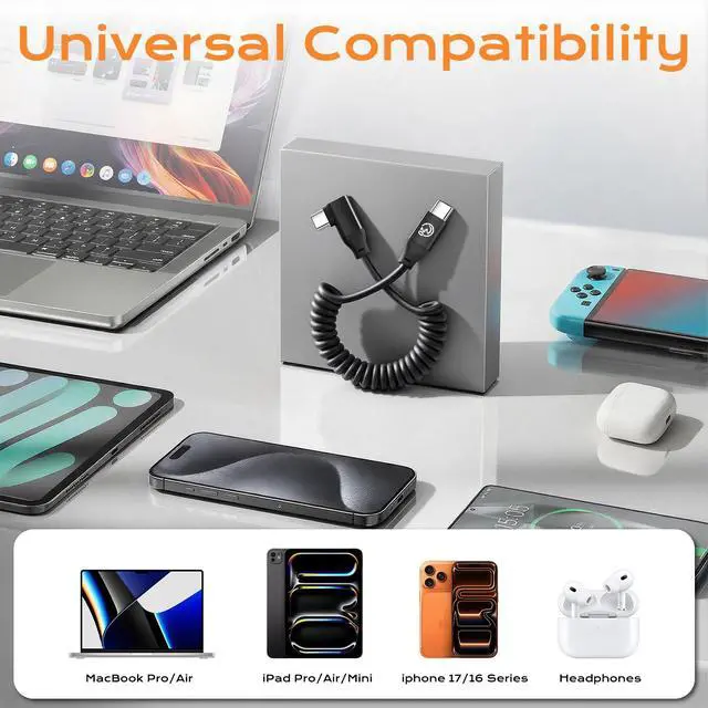 Alt view image 7 of 7 - Coiled USB C to USB C Cable Right Angle 1ft 2Pack, 20Gbps USBC 3.2 Gen 2 Data Cable Short, 4K Video & 100W Type C Charger Cord for Android Auto & CarPlay, for iPhone 17 16, Galaxy S25, iPad MacBook
