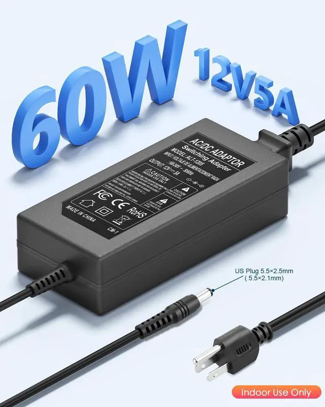 Alt view image 2 of 7 - 12V 5A Power Supply Adapter 60W AC 100-240V to DC 12V LED Transformer with 5.5x2.1mm & 5.5x2.5mm DC Output Jack US Plug Desktop Charger for LED Strip Lights CCTV Cameras Routers Monitors