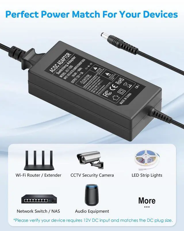 Alt view image 5 of 7 - 12V 5A Power Supply Adapter 60W AC 100-240V to DC 12V LED Transformer with 5.5x2.1mm & 5.5x2.5mm DC Output Jack US Plug Desktop Charger for LED Strip Lights CCTV Cameras Routers Monitors