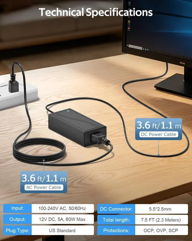 Alt view image 7 of 7 - 12V 5A Power Supply Adapter 60W AC 100-240V to DC 12V LED Transformer with 5.5x2.1mm & 5.5x2.5mm DC Output Jack US Plug Desktop Charger for LED Strip Lights CCTV Cameras Routers Monitors