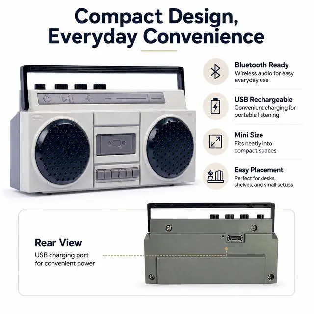 Alt view image 2 of 7 - Retro Mini Bluetooth Speaker, USB Rechargeable Boombox for Desk, Shelf, Bedside, Small Spaces and Dry Terrarium Setups, Gray