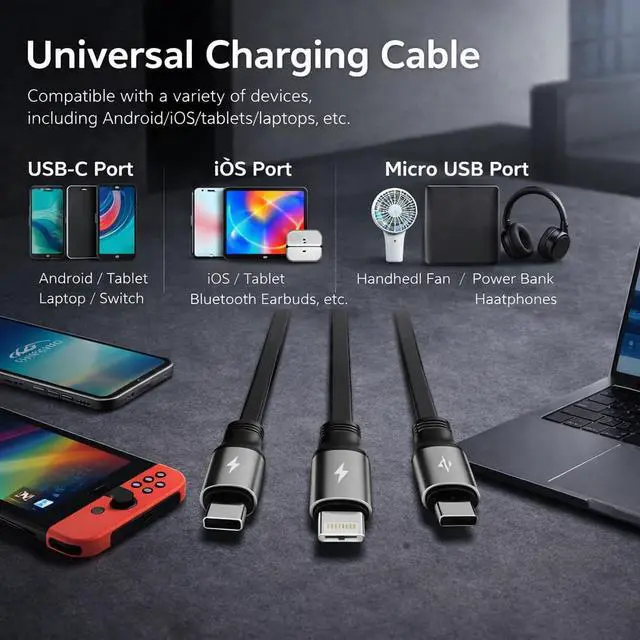 Alt view image 3 of 7 - Multi USB C Charging Cable 3 in 1 Fast Charger Cord 3A Retractable Cable Coiled 100W 3.3ft Multi Charger USB with Type C/L/Micro USB Ports for Cellphones,Android,iOS,Tablets,Laptop,All Devices