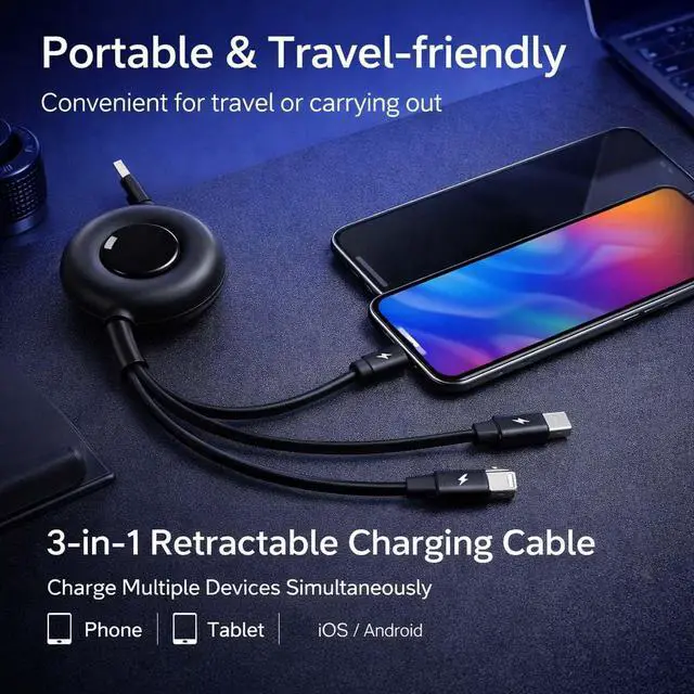 Alt view image 2 of 7 - Multi USB C Charging Cable 3 in 1 Fast Charger Cord 3A Retractable Cable Coiled 100W 3.3ft Multi Charger USB with Type C/L/Micro USB Ports for Cellphones,Android,iOS,Tablets,Laptop,All Devices