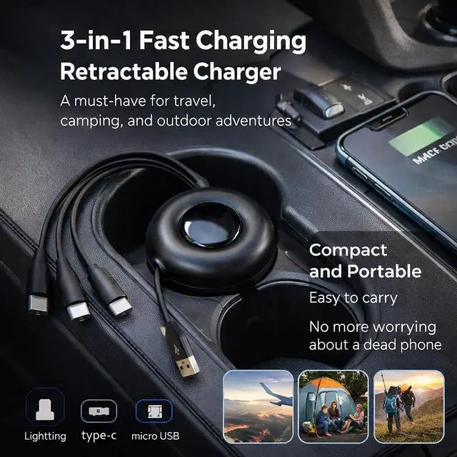 Alt view image 6 of 7 - Multi USB C Charging Cable 3 in 1 Fast Charger Cord 3A Retractable Cable Coiled 100W 3.3ft Multi Charger USB with Type C/L/Micro USB Ports for Cellphones,Android,iOS,Tablets,Laptop,All Devices
