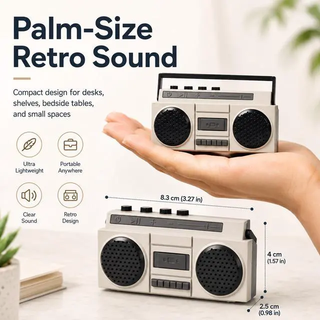 Alt view image 6 of 7 - Retro Mini Bluetooth Speaker, USB Rechargeable Boombox for Desk, Shelf, Bedside, Small Spaces and Dry Terrarium Setups, Gray