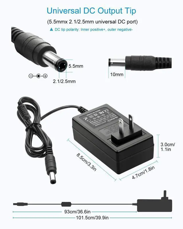 Alt view image 2 of 7 - 12V DC Power Supply 3A 36W Universal AC Adapter 100-240V 50-60hz to 12 Volt Power Adapter Cord 3Amp 2.5A 2A 5.5mm x 2.5mm 2.1mm for LED Strip Light CCTV Security Camera PC Monitor and More