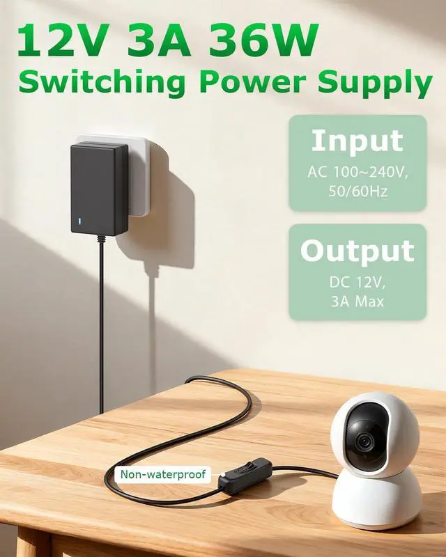 Alt view image 2 of 7 - 12V Power Supply 3A 36W with On/Off Switch 5.9FT AC/DC Adapter 100-240v 50/60hz to DC 12 Volt Power Cord 3Amp 2.5A 2A 1A 0.5A 5.5x2.5mm Jack for LED Strip Light CCTV Security Camera with 10 Tip