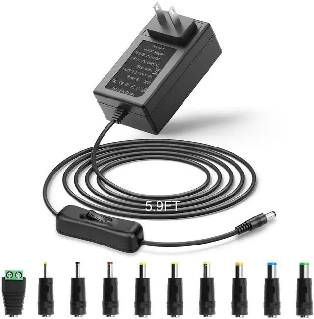 Main image of 12V Power Supply 3A 36W with On/Off Switch 5.9FT AC/DC Adapter 100-240v 50/60hz to DC 12 Volt Power Cord 3Amp 2.5A 2A 1A 0.5A 5.5x2.5mm Jack for LED Strip Light CCTV Security Camera with 10 Tip
