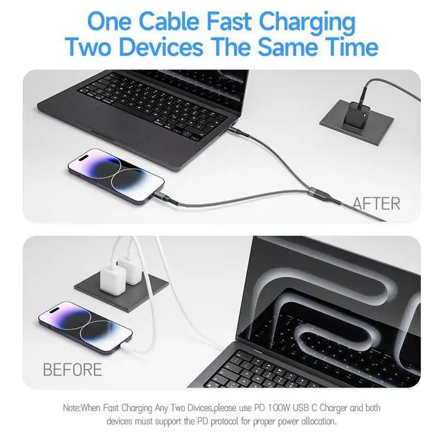 Alt view image 2 of 6 - 2 in 1 USB C to USB C and Lightning Cable 100W Max 4FT 1Pack,Multi Cable Simultaneous Fast Charging Compatible with MacBook Air/Pro/iPad/iPhone 17/16/15/14/13/12,Galaxy S26/S25/24/Pixel 10 and More