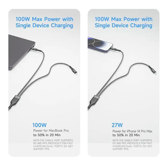 Alt view image 3 of 6 - 2 in 1 USB C to USB C and Lightning Cable 100W Max 4FT 1Pack,Multi Cable Simultaneous Fast Charging Compatible with MacBook Air/Pro/iPad/iPhone 17/16/15/14/13/12,Galaxy S26/S25/24/Pixel 10 and More