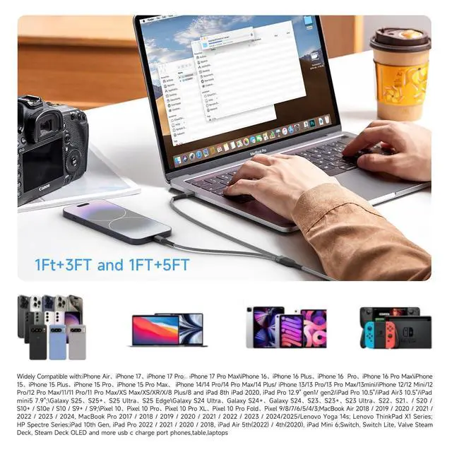 Alt view image 6 of 6 - 2 in 1 USB C to USB C and Lightning Cable 100W Max 4FT 1Pack,Multi Cable Simultaneous Fast Charging Compatible with MacBook Air/Pro/iPad/iPhone 17/16/15/14/13/12,Galaxy S26/S25/24/Pixel 10 and More