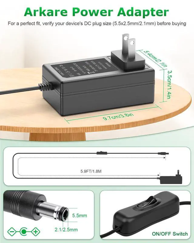 Alt view image 5 of 7 - 12V Power Supply 3A 36W with On/Off Switch 5.9FT AC/DC Adapter 100-240v 50/60hz to DC 12 Volt Power Cord 3Amp 2.5A 2A 1A 0.5A 5.5x2.5mm Jack for LED Strip Light CCTV Security Camera with 10 Tip
