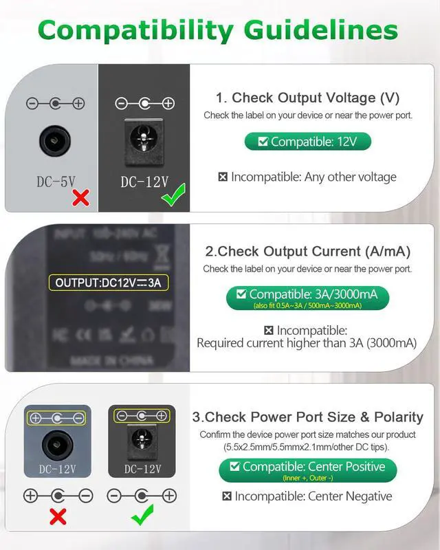 Alt view image 3 of 7 - 12V Power Supply 3A 36W with On/Off Switch 5.9FT AC/DC Adapter 100-240v 50/60hz to DC 12 Volt Power Cord 3Amp 2.5A 2A 1A 0.5A 5.5x2.5mm Jack for LED Strip Light CCTV Security Camera with 10 Tip