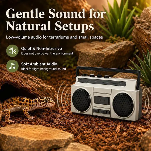 Alt view image 4 of 7 - Retro Mini Bluetooth Speaker, USB Rechargeable Boombox for Desk, Shelf, Bedside, Small Spaces and Dry Terrarium Setups, Gray