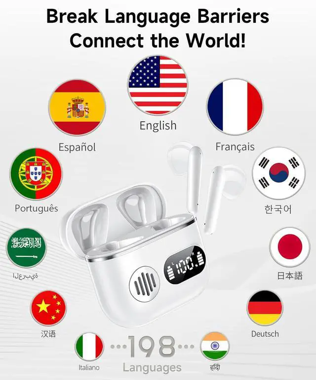 Alt view image 3 of 7 - AI Translation Earbuds 198 Language Translator Earbuds Wireless Earbuds 2026 Sport Bluetooth Headphones Stereo Earphones with ENC Mic Wireless Earphones in Ear Earbuds with Dual LED DisplayWhite
