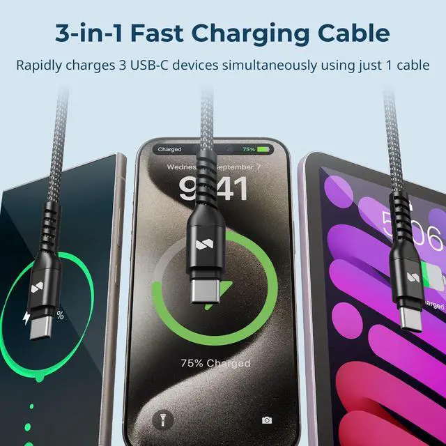 Alt view image 2 of 7 - SMALLRIG 3-in-1 USB-C Charging Cable, 100W Fast Charge & USB 2.0 Data Transfer, Durable Triple Fast Charging Cord with 3 Type-C Male Port, for Tablets for iPhone 16 15 for Samsung, 4FT Black - 5079