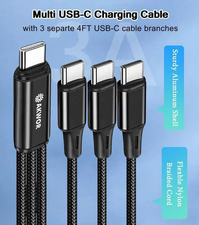 Alt view image 2 of 7 - USB C Splitter Charging Cable for Multiple Devices, 60W USB C Multi Charging Cable, 3-in-1 Fast Charging Type C Cord for iPhone 15 Android Tablet, Travel Portable USB C Charger Cable