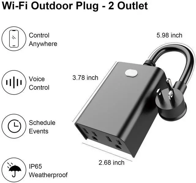Alt view image 2 of 7 - WiFi Outdoor Smart Plug, Smart Plugs That Work with Google Home for Voice Control, Wireless Remote APP Control Smart Outlet Timer with 2 Grounded, No Hub Required, ETL FCC Certified