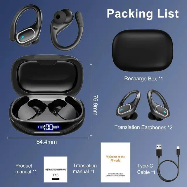 Alt view image 7 of 7 - Translation Earbuds-70H Playing Time,164 Language Ai Translation Earbuds Real Time,Bluetooth 5.4 Translator Device Noise Cancelling,ranslation Headphones for Travel & Business & Study,Black