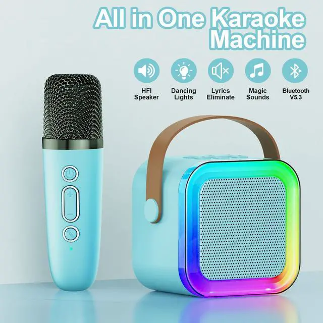 Alt view image 2 of 7 - Kids Karaoke Machine Toy for Ages 3-12, Rechargeable Portable Bluetooth Speaker with 2 Wireless Mics, LED Lights Voice Changer, Christmas Birthday Gift for Boys Girls Grandkids (Blue - 2)