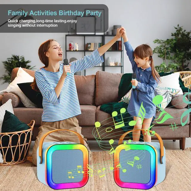 Alt view image 6 of 7 - Kids Karaoke Machine Toy for Ages 3-12, Rechargeable Portable Bluetooth Speaker with 2 Wireless Mics, LED Lights Voice Changer, Christmas Birthday Gift for Boys Girls Grandkids (Blue - 2)