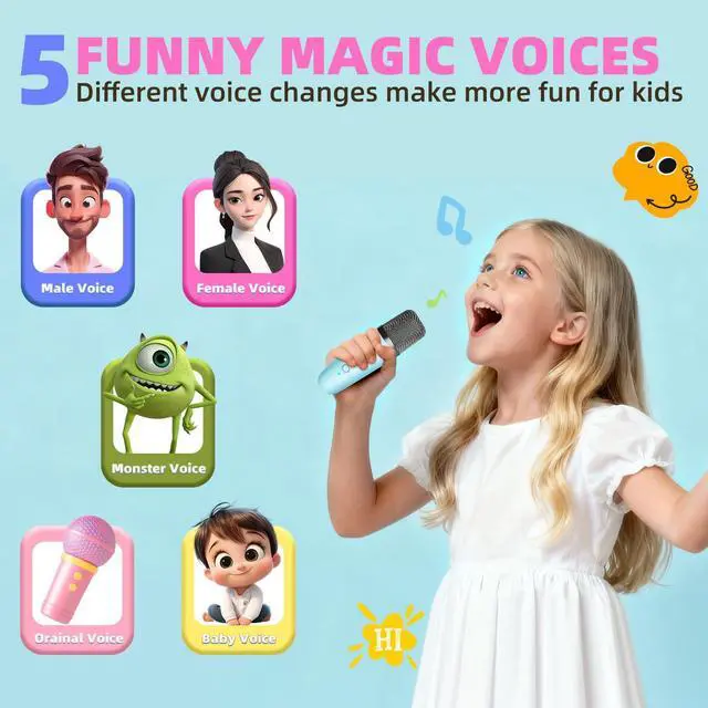 Alt view image 4 of 7 - Kids Karaoke Machine Toy for Ages 3-12, Rechargeable Portable Bluetooth Speaker with 2 Wireless Mics, LED Lights Voice Changer, Christmas Birthday Gift for Boys Girls Grandkids (Blue - 2)