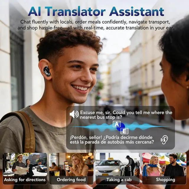 Alt view image 3 of 7 - AI Translation Earbuds Real Time, 165 Language Translator Earbuds, Audifonos Traductores Inglés Español, Bluetooth 6.0 Translator Headphones for Business Travel Language Learning, Green