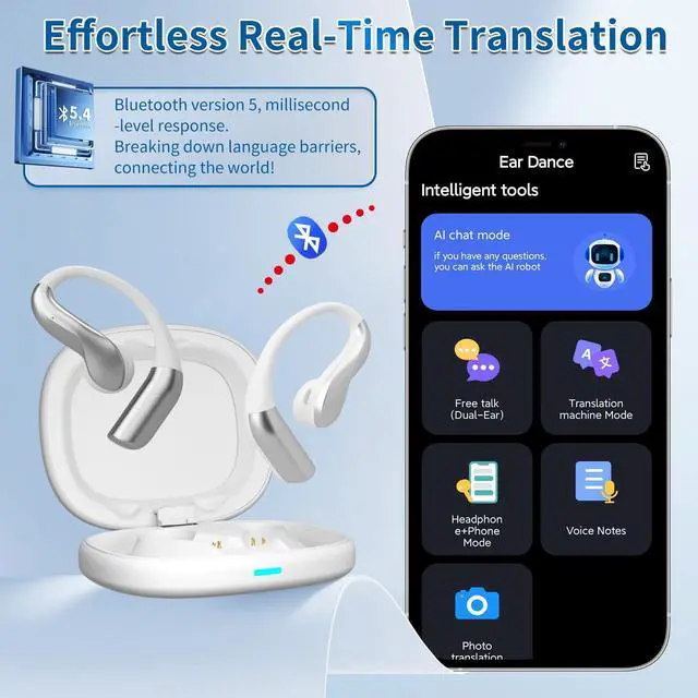 Alt view image 3 of 7 - AI Translation Earbuds Real Time, 144 Languages Translator Earbuds, Bluetooth Open-Ear Translating Earbuds with 30H Playtime, Instant Voice Translator Device for Travel, Business, Learning, White
