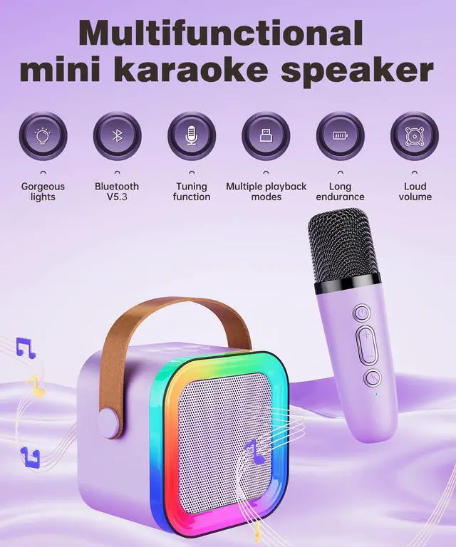 Alt view image 2 of 7 - Mini Karaoke Machine Speaker for Kids Adults,Portable Bluetooth with 1-2 Wireless Microphones,Christmas Birthday Gifts Toys Girls Boys Ages 4, 5, 6,7, 8,9,10,11,12+ Years Old Toddler (Purple - 1 Mic)