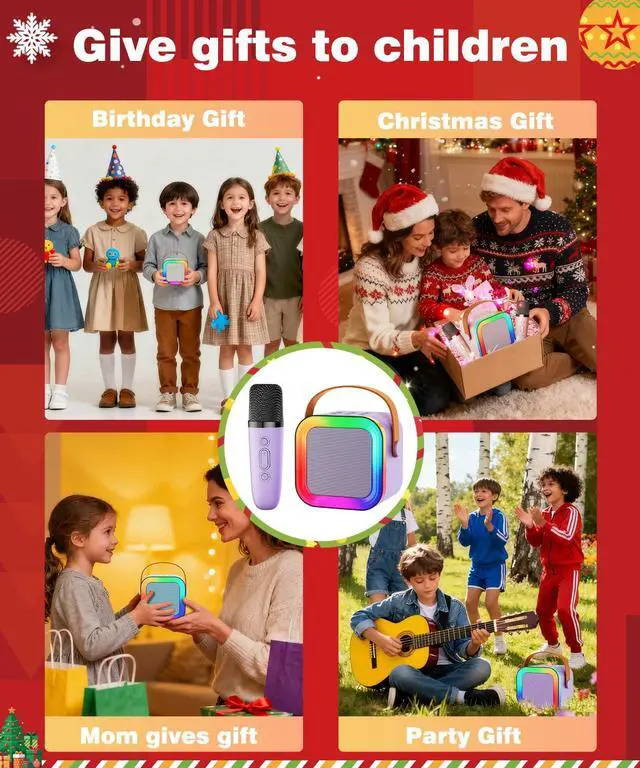 Alt view image 5 of 7 - Mini Karaoke Machine Speaker for Kids Adults,Portable Bluetooth with 1-2 Wireless Microphones,Christmas Birthday Gifts Toys Girls Boys Ages 4, 5, 6,7, 8,9,10,11,12+ Years Old Toddler (Purple - 1 Mic)