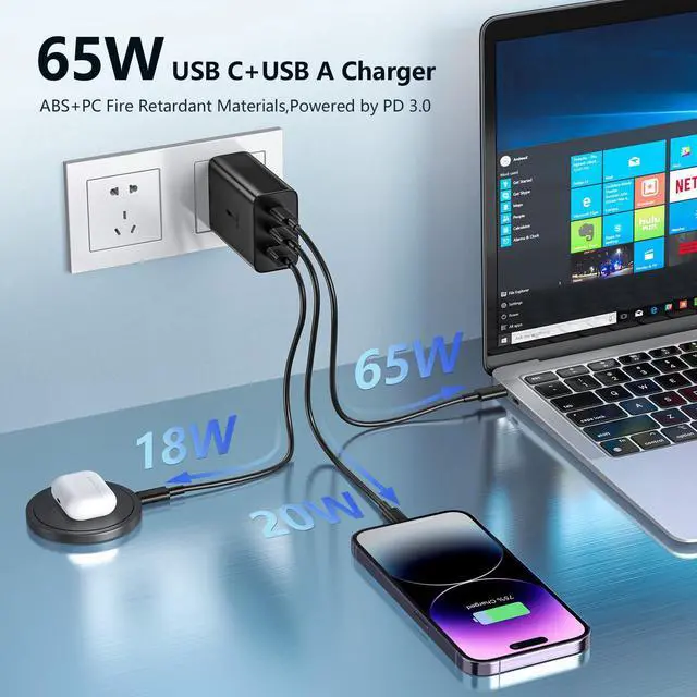 Alt view image 2 of 6 - 65W GaN USB C Charger, 3-Port Fast Adapter for Samsung Galaxy S24 S23 Note 20 iPad iPhone PD 3.0 Wall Charger