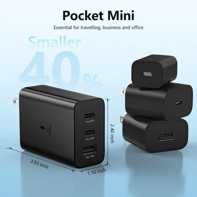 Alt view image 5 of 6 - 65W GaN USB C Charger, 3-Port Fast Adapter for Samsung Galaxy S24 S23 Note 20 iPad iPhone PD 3.0 Wall Charger