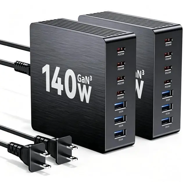 Main image of USB C Charging Station, 140W GaN III 7 Port Fast Charger Station, PD 3.0 USB Charging Station for Multiple Devices, Multiple USB C Charger Station for iPad iPhone Samsung Android (2 Pack, Black)