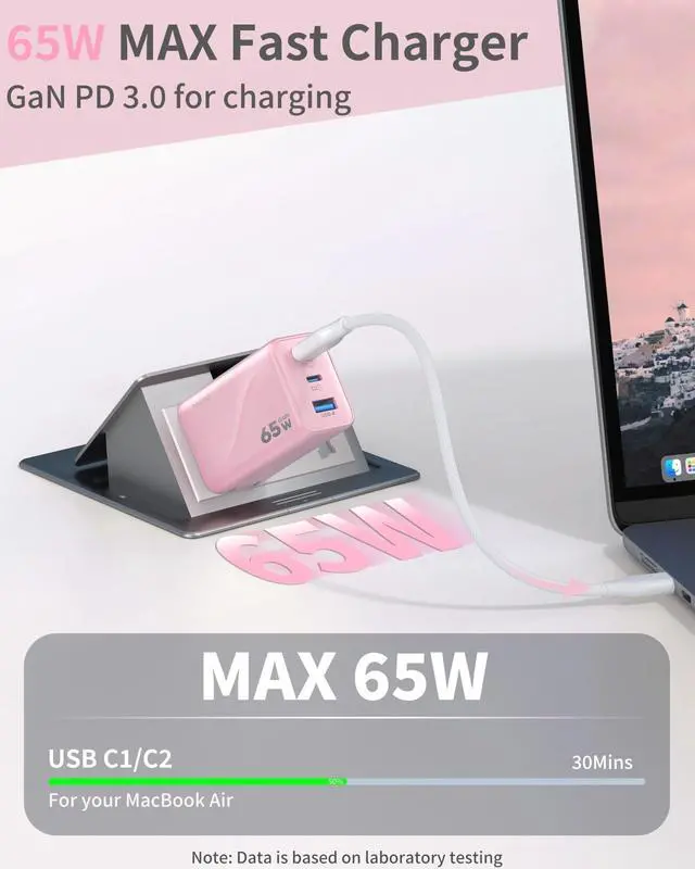 Alt view image 3 of 7 - 65W GaN USB C Wall Charger Block Pink,3-Port iPhone 17 16 15 Type C Charger Fast Charging Block Power Adapter for MacBook,Compact Foldable Plug for iPad, Switch,Laptops,Tablets,Samsung S26/25, Pixel