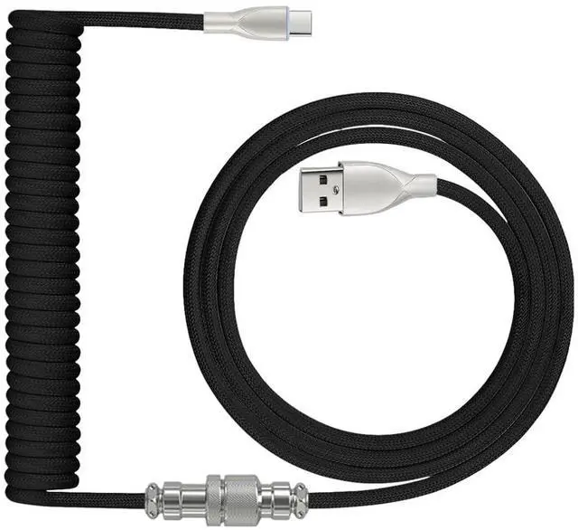 Main image of Coiled Keyboard Cable: 1.5M USB-C to USB-A Braided Cord with Detachable Aviator Connector, Durable & Tangle-Free for Custom & Mechanical Gaming Keyboards (Black)